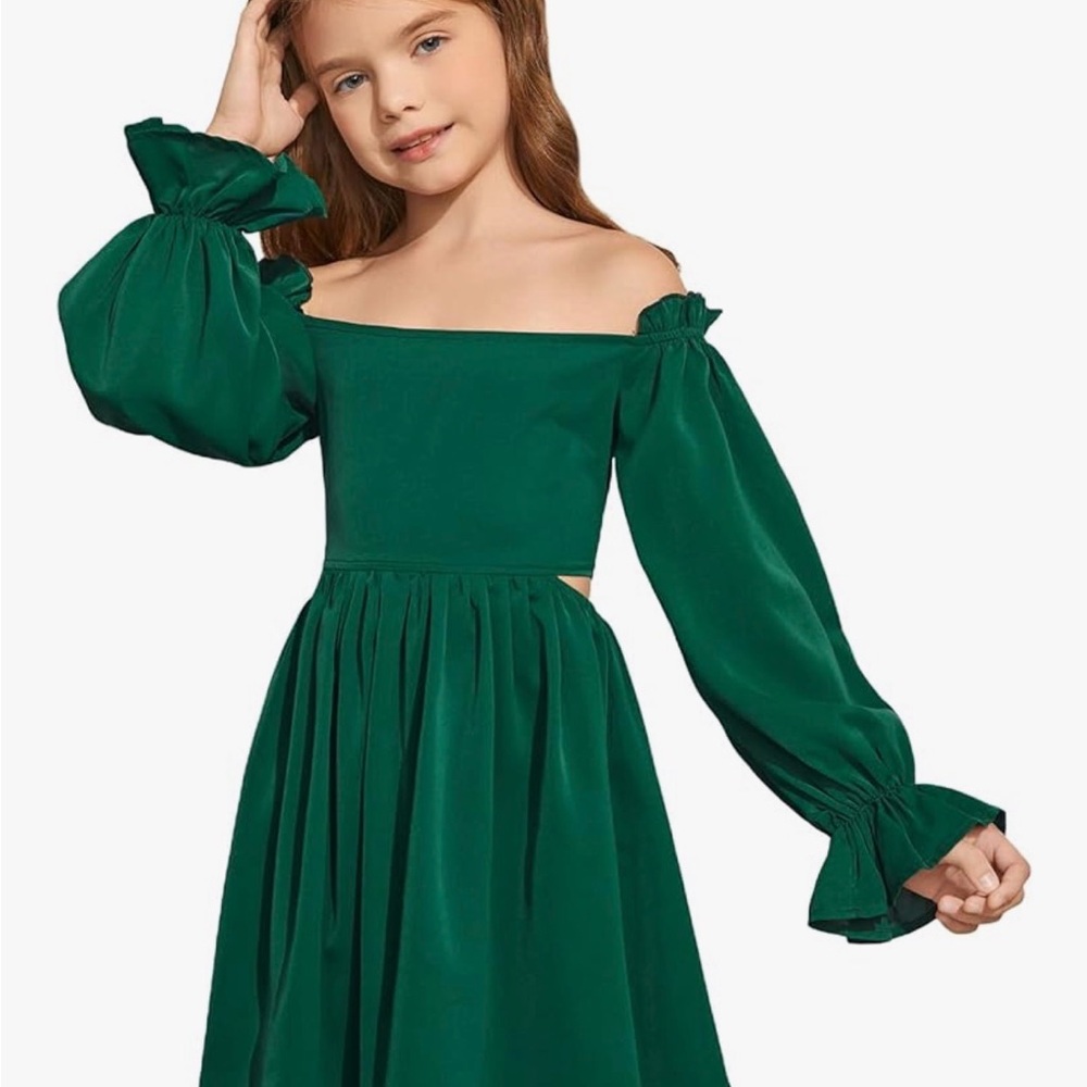 Girls Emerald Green Off-Shoulder Puff Sleeve Dress